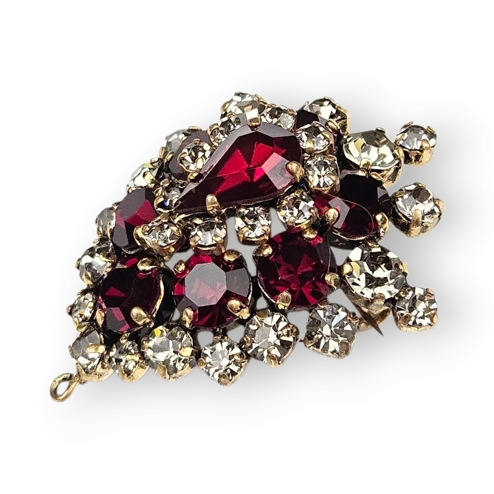 Vintage Domed Rhinestone Teardrop Brooch Dark Red Gray-White Glass Brass 1 5/8"